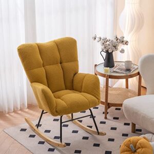 Krinana Teddy Fabric Nursery Rocking Chair, Rocker Armchair with Solid Wood Legs, Glider Chair Nursery with High Backrest for Living Room Apartment (Teddy Fabric,Yellow)