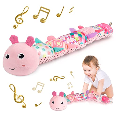 Sumobaby Infant Baby Musical Stuffed Animal Activity Soft Toys with Multi-Sensory Crinkle, Rattle and Textures, for Tummy Time Newborn 0-3-6-12 Months Girls, Caterpillar, Pink