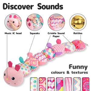 Sumobaby Infant Baby Musical Stuffed Animal Activity Soft Toys with Multi-Sensory Crinkle, Rattle and Textures, for Tummy Time Newborn 0-3-6-12 Months Girls, Caterpillar, Pink