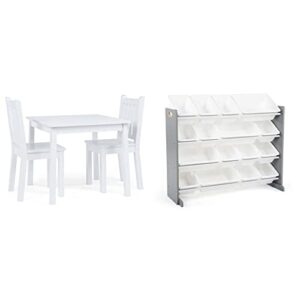 humble crew, white kids wood square table and 2 chairs set & supersized wood toy storage organizer, extra large, grey/white