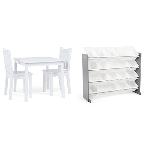 Humble Crew, White Kids Wood Square Table and 2 Chairs Set & Supersized Wood Toy Storage Organizer, Extra Large, Grey/White