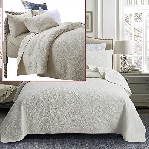 Brandream 6PC Luxury Comforter Sets Queen Size Cotton Quilt Set Cream White Bedspread Coverlet Set Damask Embroidery