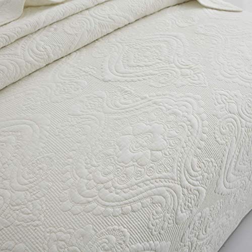 Brandream 6PC Luxury Comforter Sets Queen Size Cotton Quilt Set Cream White Bedspread Coverlet Set Damask Embroidery