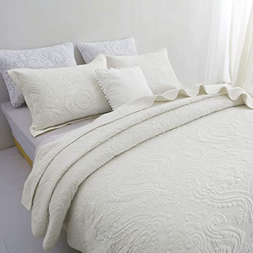 Brandream 6PC Luxury Comforter Sets Queen Size Cotton Quilt Set Cream White Bedspread Coverlet Set Damask Embroidery