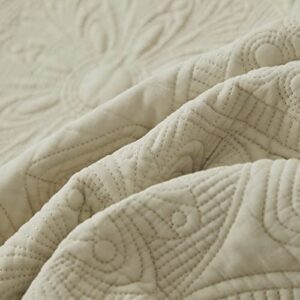 Brandream 6PC Luxury Comforter Sets Queen Size Cotton Quilt Set Cream White Bedspread Coverlet Set Damask Embroidery