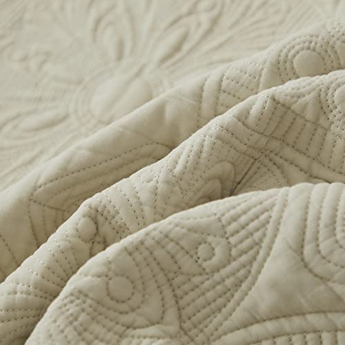 Brandream 6PC Luxury Comforter Sets Queen Size Cotton Quilt Set Cream White Bedspread Coverlet Set Damask Embroidery