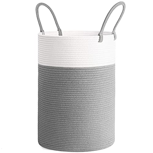 Goodpick Baby Nursery Clothes Hamper, Cute Rope Laundry Basket for Kids Bedroom, Living room, Tall Laundry Bin for Clothes, Blanket, Towel, Toy, Grey, 15 x 20 inches, 58L