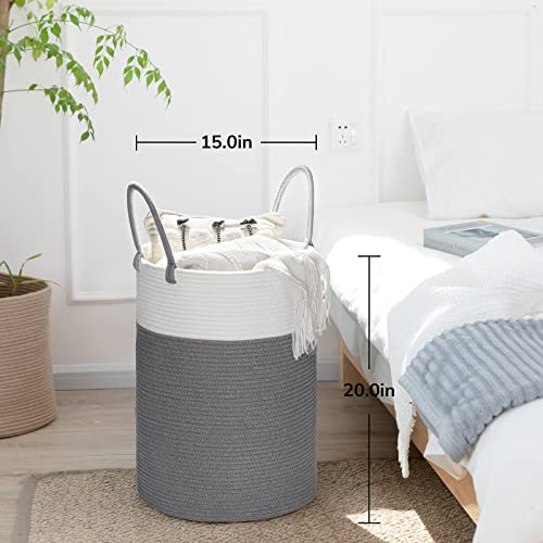 Goodpick Baby Nursery Clothes Hamper, Cute Rope Laundry Basket for Kids Bedroom, Living room, Tall Laundry Bin for Clothes, Blanket, Towel, Toy, Grey, 15 x 20 inches, 58L