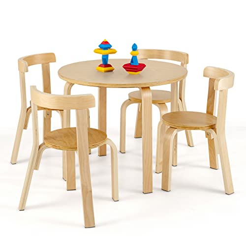 Costzon Kids Table and Chair Set, 5-Piece Wooden Activity Table w/ 4 Chairs, Toy Bricks, Classroom Playroom Daycare Furniture for Playing, Drawing, Reading, Bentwood Toddler Table & Chairs (Natural)