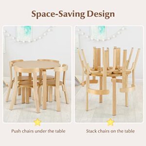 Costzon Kids Table and Chair Set, 5-Piece Wooden Activity Table w/ 4 Chairs, Toy Bricks, Classroom Playroom Daycare Furniture for Playing, Drawing, Reading, Bentwood Toddler Table & Chairs (Natural)