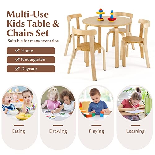 Costzon Kids Table and Chair Set, 5-Piece Wooden Activity Table w/ 4 Chairs, Toy Bricks, Classroom Playroom Daycare Furniture for Playing, Drawing, Reading, Bentwood Toddler Table & Chairs (Natural)