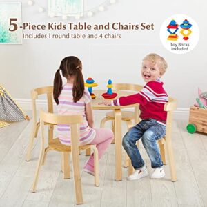 Costzon Kids Table and Chair Set, 5-Piece Wooden Activity Table w/ 4 Chairs, Toy Bricks, Classroom Playroom Daycare Furniture for Playing, Drawing, Reading, Bentwood Toddler Table & Chairs (Natural)