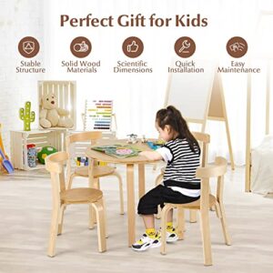 Costzon Kids Table and Chair Set, 5-Piece Wooden Activity Table w/ 4 Chairs, Toy Bricks, Classroom Playroom Daycare Furniture for Playing, Drawing, Reading, Bentwood Toddler Table & Chairs (Natural)