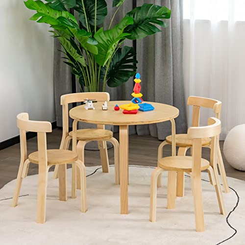 Costzon Kids Table and Chair Set, 5-Piece Wooden Activity Table w/ 4 Chairs, Toy Bricks, Classroom Playroom Daycare Furniture for Playing, Drawing, Reading, Bentwood Toddler Table & Chairs (Natural)