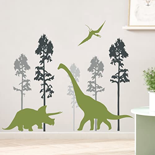 Giant Green Dinosaur Wall Decals Jungle Black Tree Wall Stickers DIY Removable Big Pin Trees Dinosaurs Nature Forest Wall Art Decor for Kids Teens Bedroom Living Room Nursery Playroom Decoration DT-67