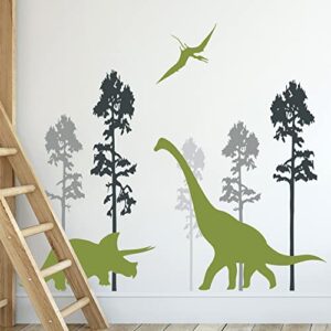 Giant Green Dinosaur Wall Decals Jungle Black Tree Wall Stickers DIY Removable Big Pin Trees Dinosaurs Nature Forest Wall Art Decor for Kids Teens Bedroom Living Room Nursery Playroom Decoration DT-67