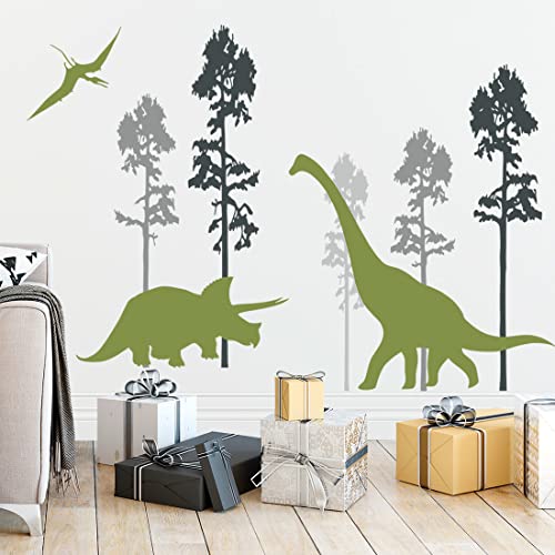 Giant Green Dinosaur Wall Decals Jungle Black Tree Wall Stickers DIY Removable Big Pin Trees Dinosaurs Nature Forest Wall Art Decor for Kids Teens Bedroom Living Room Nursery Playroom Decoration DT-67