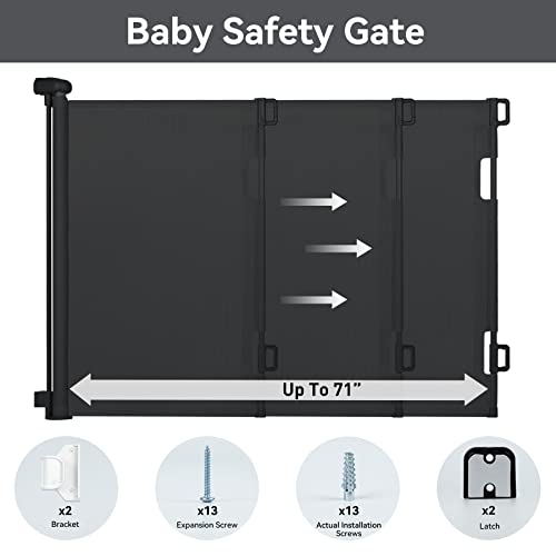 Fijinhom Retractable Baby Gate Indoor Outdoor Safety Gate for Baby and Pet Extends to 71’’ Wide 35’’ Tall Child Safety Gate Mesh Gate for Stairs, Doorways,Hallways