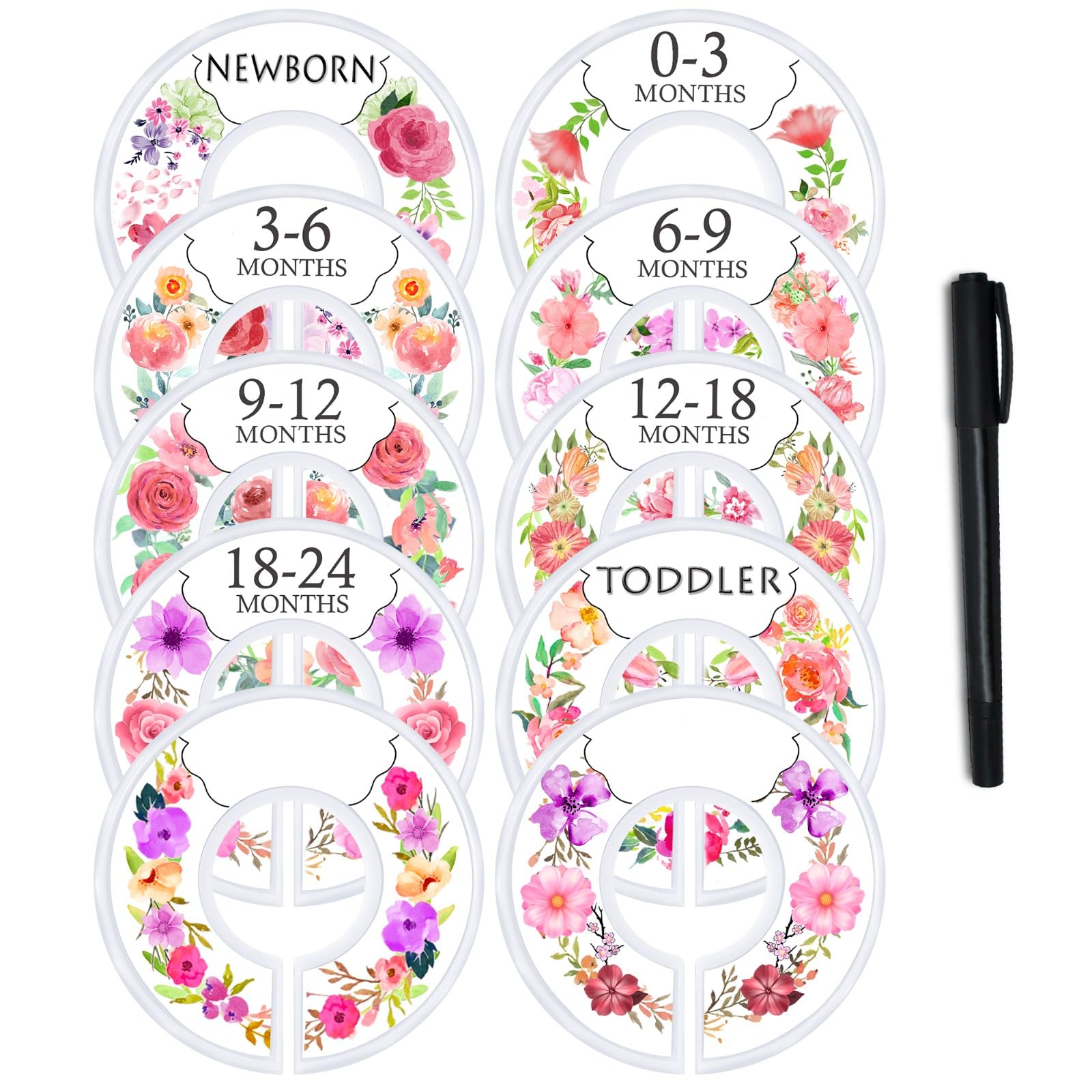 NEUTA 10x (Floral) Baby Closet Dividers with Marker - Double-Sided 0-24 Months - 2 Blank Baby Closet Size Dividers – ABS Plastic Baby Clothes Dividers for Closet - Baby Hanger Dividers…