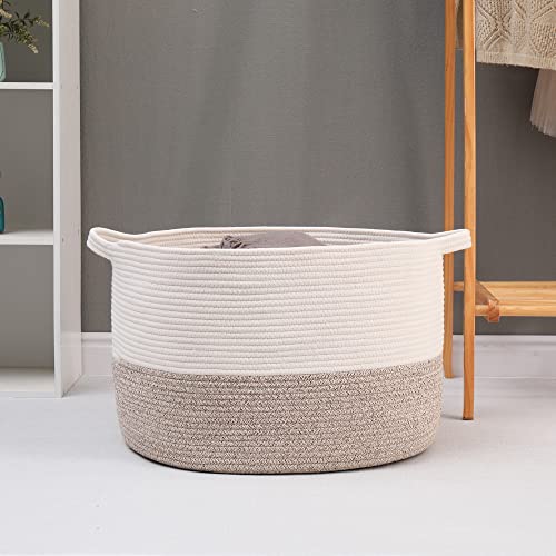 Volhouim XXXLarge Cotton Rope Basket for Organizing Baby Laundry Basket for Blankets Living Room Blanket Basket Cotton Rope Basket with Handle Collapsible Woven Basket Baby Toy Bin，22"x14" Light Brown