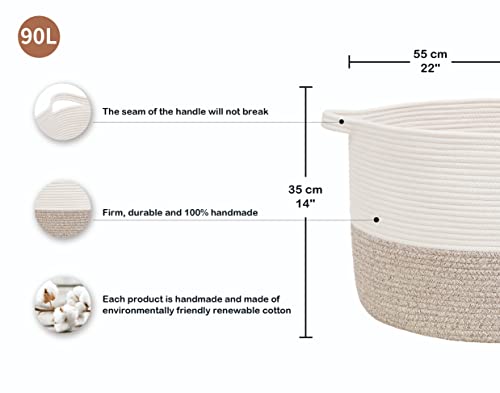 Volhouim XXXLarge Cotton Rope Basket for Organizing Baby Laundry Basket for Blankets Living Room Blanket Basket Cotton Rope Basket with Handle Collapsible Woven Basket Baby Toy Bin，22"x14" Light Brown