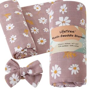 lifetree baby muslin swaddle blankets for boys & girls, newborn swaddle set with matching headband bow, neutral infant receiving blanket swaddle wrap, 47 x 47 inches, mauve daisy, bamboo cotton