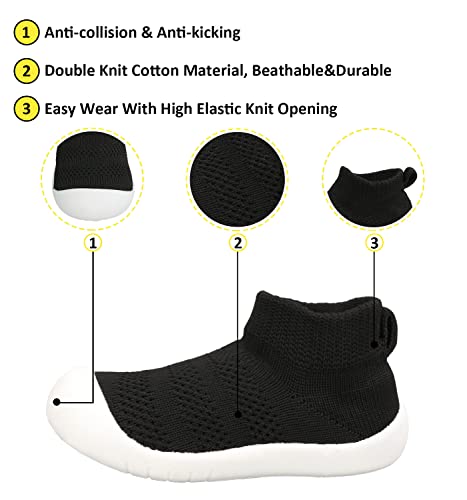SEBELLST Baby Boy Girl Sneakers Toddler Infant First Walking Shoes Non-Skid Indoor Baby Sneakers Soft Sole Non Slip Cotton Mesh Breathable Lightweight Baby Shoes (Black, 9-12 Months)