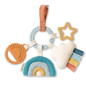 itzy ritzy teething activity toy - bitzy busy ring features braided teething ring and dangling toys; includes teether, textured ribbons, crinkle sound & jingle bell, rainbow