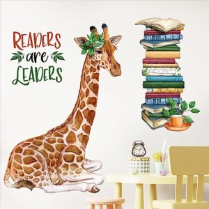 mfault giraffe reading corner baby boys girls wall decals stickers, readers are leaders woodland animals read books nursery playroom decorations bedroom classroom art, kids library toddler room decor