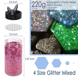 Viza Holographic Chunky Glitter 7.8oz/220g Xmas Red Craft Ultra Fine Glitter Powder Mixed Chunky PET Flake Sequin for Epoxy Resin Painting Arts Nail Hair Makeup Tumblers Slime Party Festival Decor