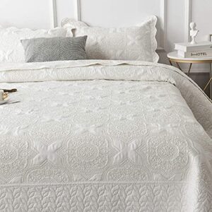 Brandream 6PC Quilt Bedding Set Beige Quilt Set Cotton King Size Scalloped Coverlet Set Vintage Quilted Comforter Set