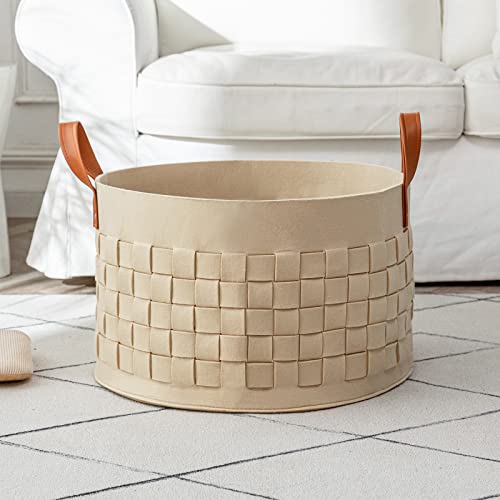 Blanket Basket, BOLDMONKEY 20"x 20"x13" XXLarge Woven Felt Laundry Baskets with Handle Nursery Storage Living Room Round for Toy, Clothes, Kids, Bedroom(Khaki)