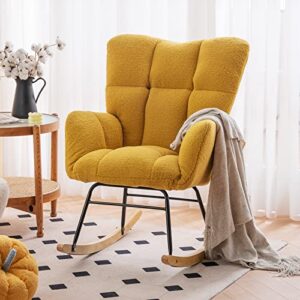 nursery rocking chair teddy fabric padded seat with high backrest and armrest accent chair upholstered armchair single sofa accent glider rocker for living room bedroom offices (yellow teddy)