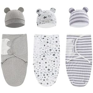 baby swaddle sleep sack with hat set for 0-3 months 3-pack soft cotton newborn wearable swaddle wrap for girls boys(grey & star & stripe)