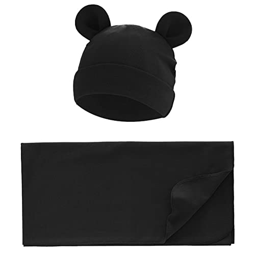 Exemaba Unisex Baby Swaddle Blanket with Hat Set Newborn Swaddle Receiving Blankets Sleep Sack for 0-3 Months Boys Girls(Black)