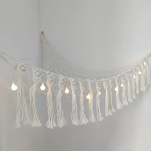 Stuffed Animal Net or Hammock, Boho Macrame Toy Hammock with LED Lights, Decorate Room Space Saving Pet Net for Stuffed Animals, Suitable for Nursery Playroom Kids Bedroom