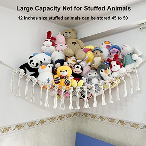 Stuffed Animal Net or Hammock, Boho Macrame Toy Hammock with LED Lights, Decorate Room Space Saving Pet Net for Stuffed Animals, Suitable for Nursery Playroom Kids Bedroom
