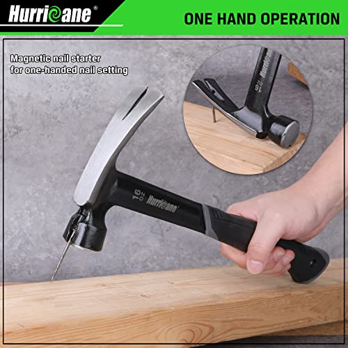 HURRICANE 16oz Framing Hammer, Straight Claw Hammer Forged and Heated Treated Carbon Steel with Magnetic Nail Holder, Ergonomic Non-slip Handle