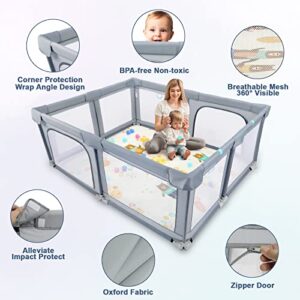 Baby Playpen with Mat 71"×59", Foldable Bay Playpen with Gate for Babies and Toddlers, Indoor & Outdoor Portable Play Yard with Anti-Slip Suckers, Safety Kids Activity Center (Grey)