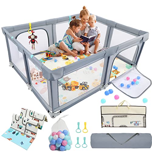 Baby Playpen with Mat 71"×59", Foldable Bay Playpen with Gate for Babies and Toddlers, Indoor & Outdoor Portable Play Yard with Anti-Slip Suckers, Safety Kids Activity Center (Grey)