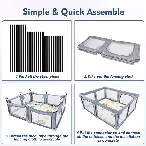 Baby Playpen with Mat 71"×59", Foldable Bay Playpen with Gate for Babies and Toddlers, Indoor & Outdoor Portable Play Yard with Anti-Slip Suckers, Safety Kids Activity Center (Grey)