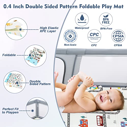 Baby Playpen with Mat 71"×59", Foldable Bay Playpen with Gate for Babies and Toddlers, Indoor & Outdoor Portable Play Yard with Anti-Slip Suckers, Safety Kids Activity Center (Grey)