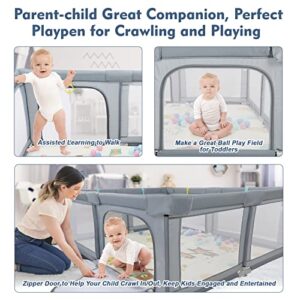 Baby Playpen with Mat 71"×59", Foldable Bay Playpen with Gate for Babies and Toddlers, Indoor & Outdoor Portable Play Yard with Anti-Slip Suckers, Safety Kids Activity Center (Grey)