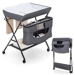 HONEY JOY Changing Table, Folding Mobile Nursery Organizer w/Wheels, Adjustable Height, Storage Bag & Open Shelf, Portable Diaper Changing Station for Newborn (Gray, 31.5"x26"x40")