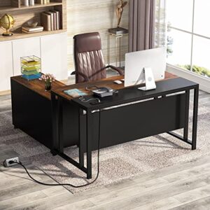 tribesigns l-shaped computer desk with power outlet and drawer cabinet, 55 inch large executive office desk business furniture with 40 inch lateral file cabinet printer stand for home office(brown)