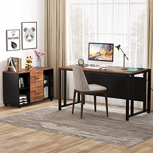 Tribesigns L-Shaped Computer Desk with Power Outlet and Drawer Cabinet, 55 inch Large Executive Office Desk Business Furniture with 40 inch Lateral File Cabinet Printer Stand for Home Office(Brown)