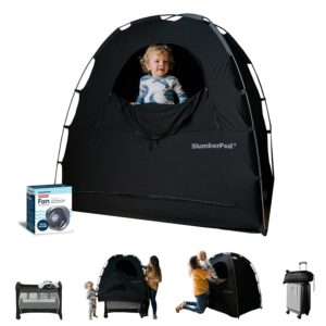 SlumberPod and Fan Combo Portable Privacy Pod Blackout Canopy Crib Cover, Sleeping Space for Age 4 Months and Up, Pack n Play Blackout Cover, Baby Travel Crib Canopy (Black/Grey)