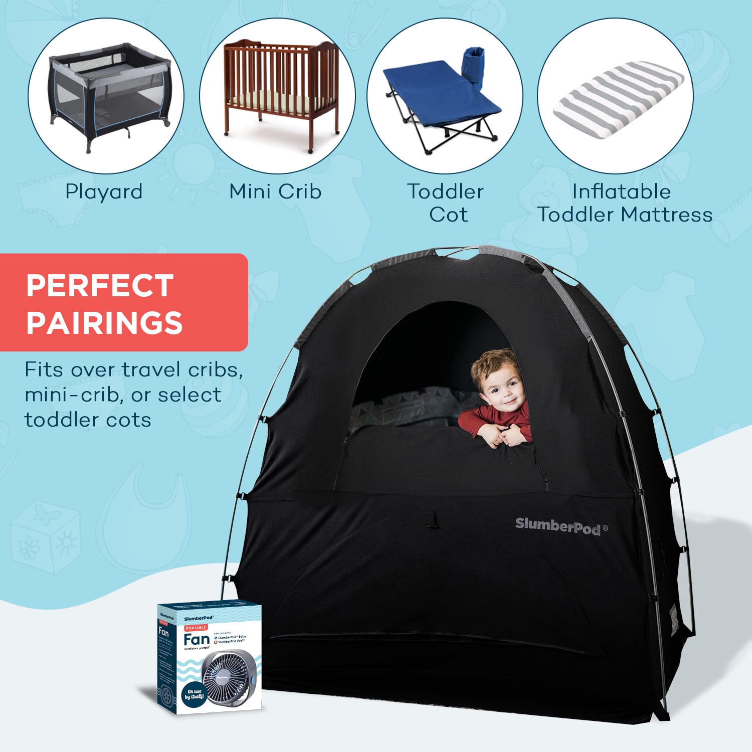 SlumberPod and Fan Combo Portable Privacy Pod Blackout Canopy Crib Cover, Sleeping Space for Age 4 Months and Up, Pack n Play Blackout Cover, Baby Travel Crib Canopy (Black/Grey)