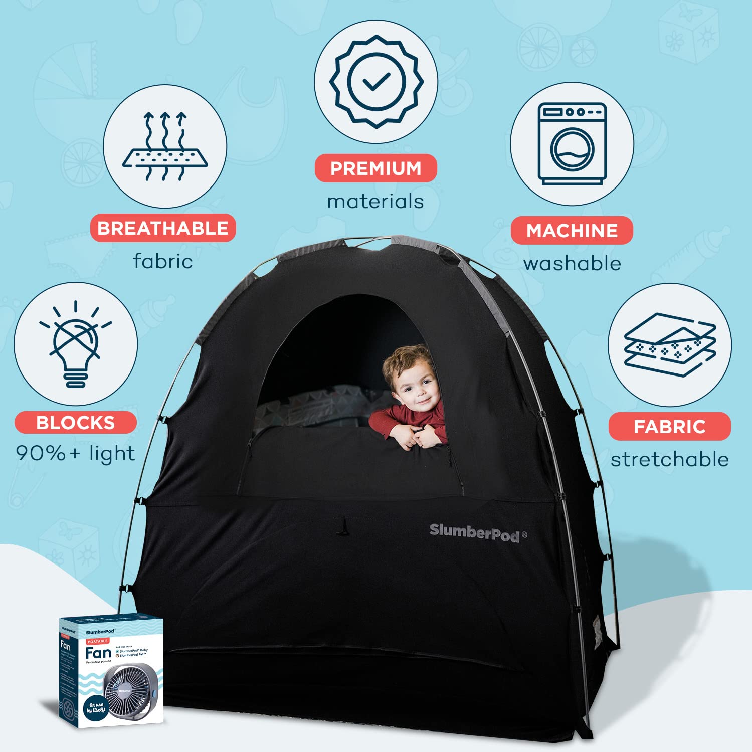 SlumberPod and Fan Combo Portable Privacy Pod Blackout Canopy Crib Cover, Sleeping Space for Age 4 Months and Up, Pack n Play Blackout Cover, Baby Travel Crib Canopy (Black/Grey)