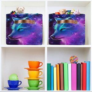 Starry Night Wolf Storage Basket Set of 1 Large Fabric Storage Basket Bins Box Cube with Handles Collapsible Closet Shelf Clothes Organizer Basket for Nursery Bedroom